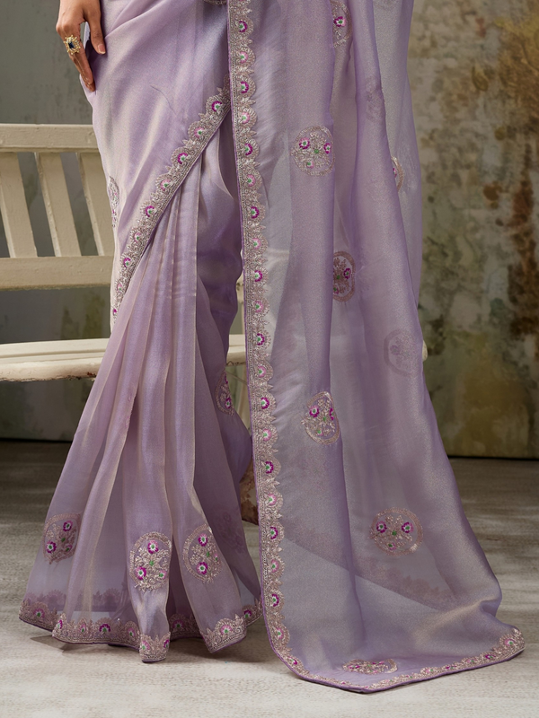 Lavender Embroidered Designer Organza Silk Saree