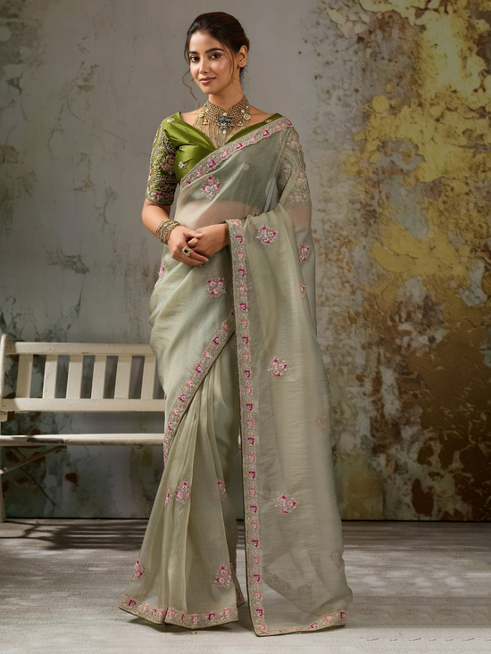 Sage Green Embroidered Designer Organza Silk Saree