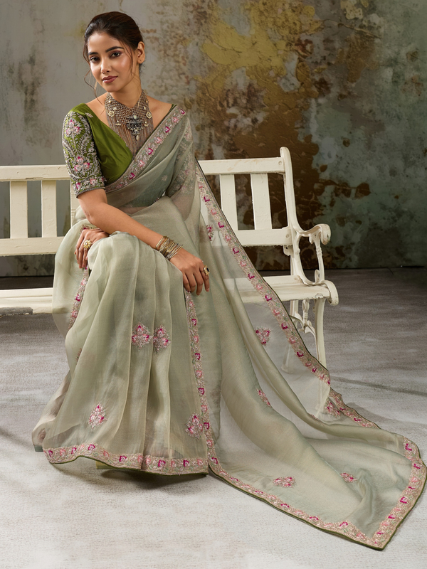 Sage Green Embroidered Designer Organza Silk Saree