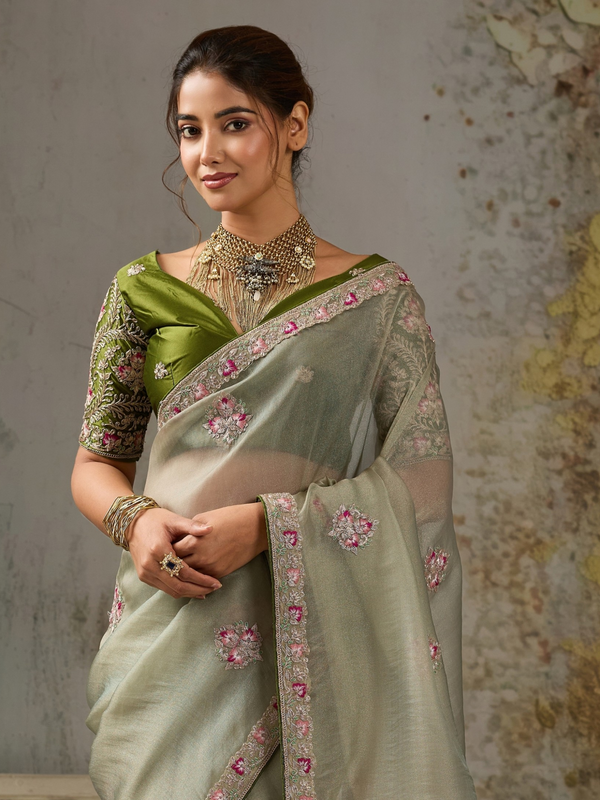 Sage Green Embroidered Designer Organza Silk Saree