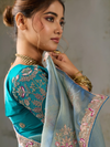 Powder Blue Embroidered Designer Organza Silk Saree