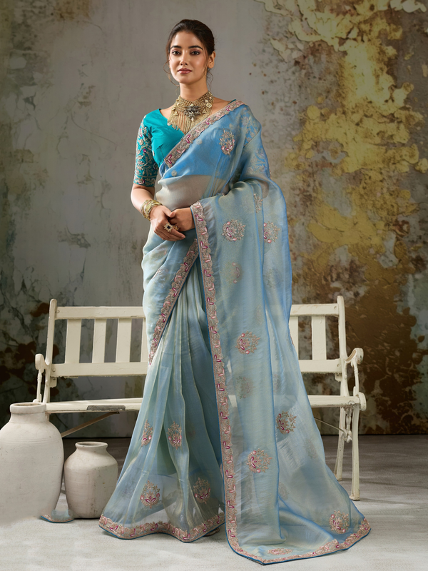 Powder Blue Embroidered Designer Organza Silk Saree