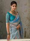 Powder Blue Embroidered Designer Organza Silk Saree