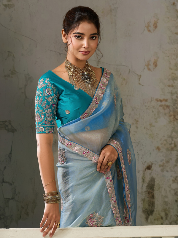 Powder Blue Embroidered Designer Organza Silk Saree