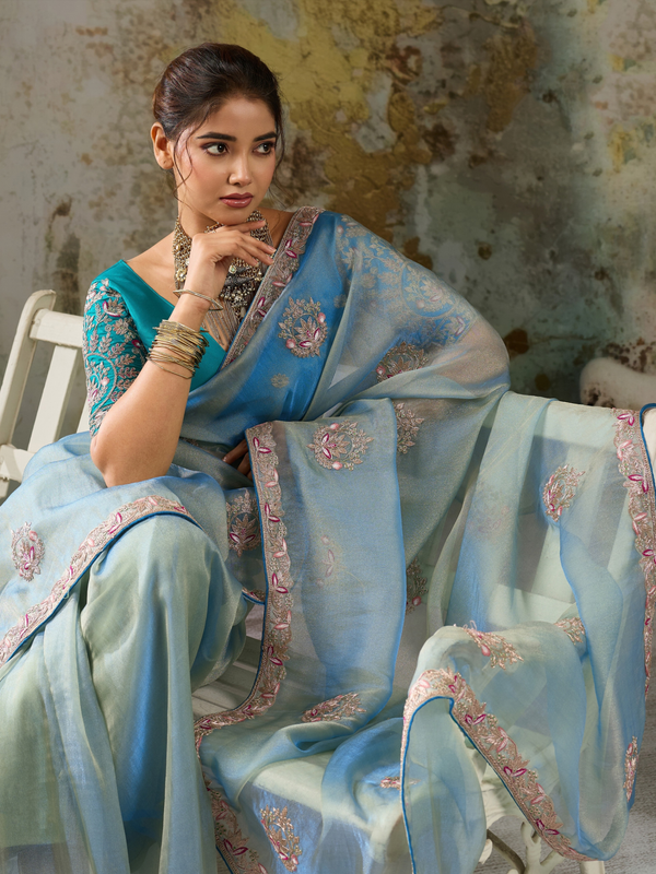 Powder Blue Embroidered Designer Organza Silk Saree