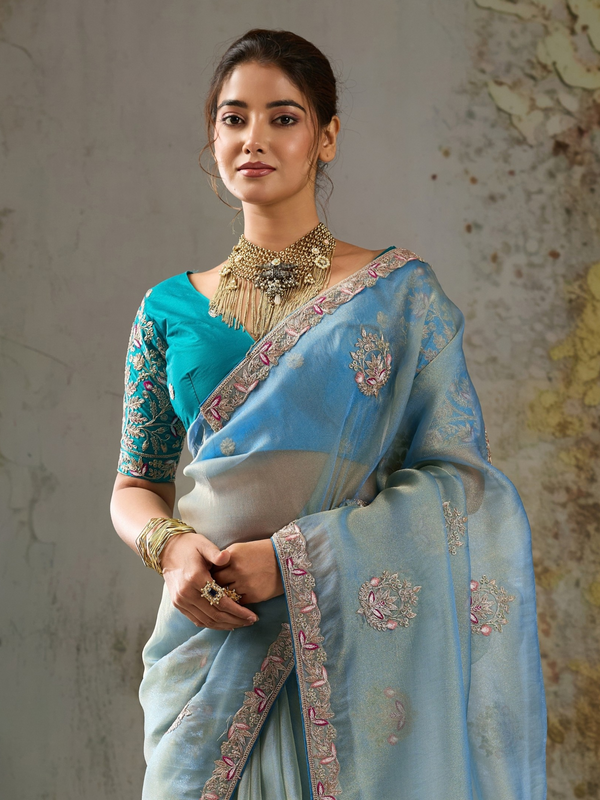 Powder Blue Embroidered Designer Organza Silk Saree