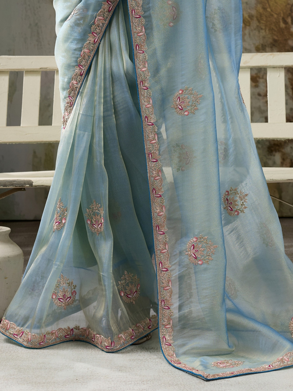 Powder Blue Embroidered Designer Organza Silk Saree