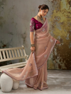 Peach Pink Embroidered Designer Organza Silk Saree