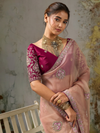 Peach Pink Embroidered Designer Organza Silk Saree