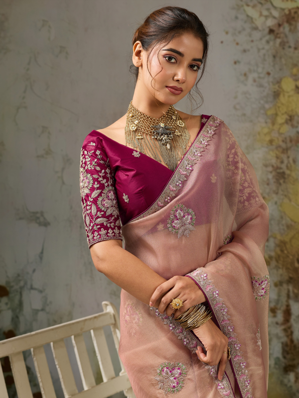 Peach Pink Embroidered Designer Organza Silk Saree