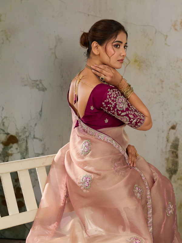 Peach Pink Embroidered Designer Organza Silk Saree
