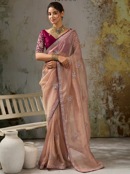 Peach Pink Embroidered Designer Organza Silk Saree