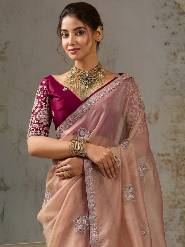 Peach Pink Embroidered Designer Organza Silk Saree