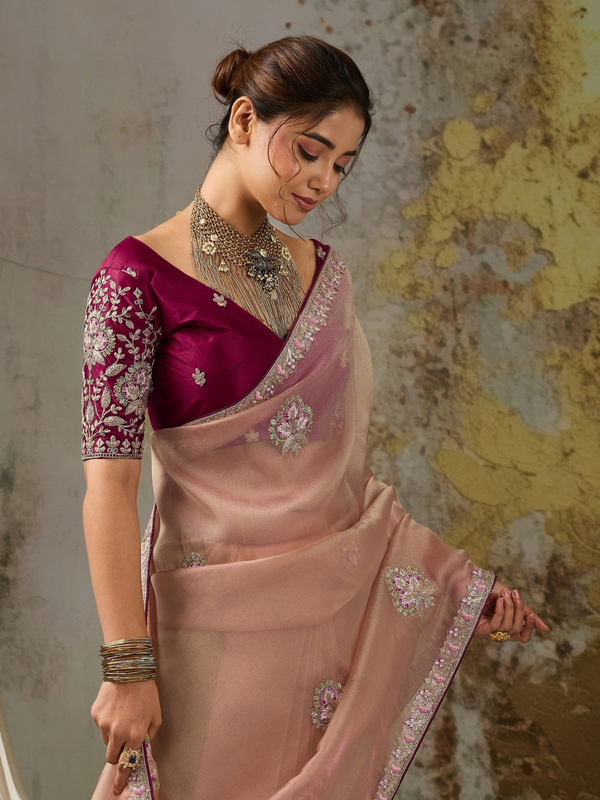Peach Pink Embroidered Designer Organza Silk Saree