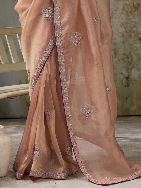 Peach Pink Embroidered Designer Organza Silk Saree