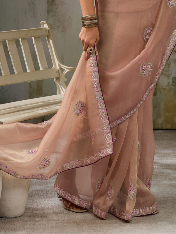 Peach Pink Embroidered Designer Organza Silk Saree