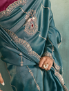 Teal Blue Embroidered Designer Tissue Silk Saree With Contrast Blouse