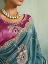 Teal Blue Embroidered Designer Tissue Silk Saree With Contrast Blouse