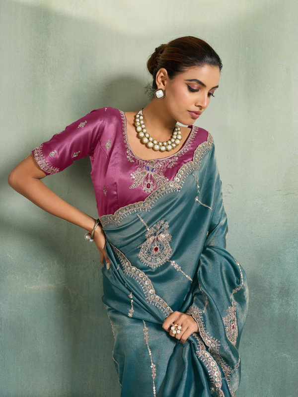 Teal Blue Embroidered Designer Tissue Silk Saree With Contrast Blouse