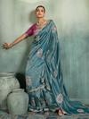 Teal Blue Embroidered Designer Tissue Silk Saree With Contrast Blouse