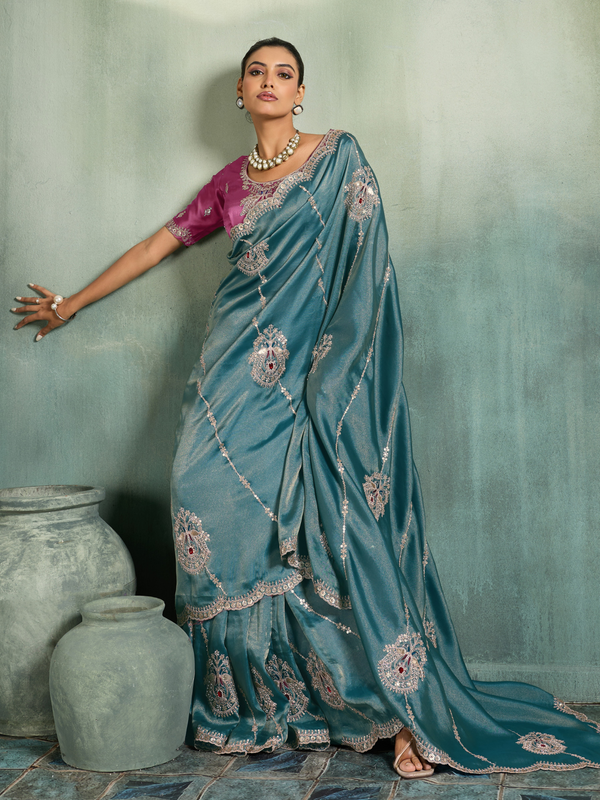 Teal Blue Embroidered Designer Tissue Silk Saree With Contrast Blouse