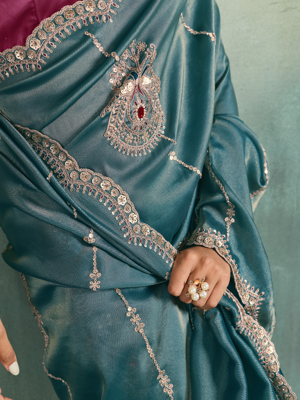 Teal Blue Embroidered Designer Tissue Silk Saree With Contrast Blouse