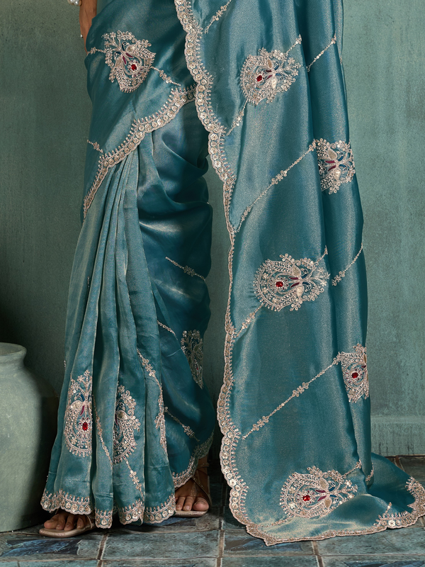 Teal Blue Embroidered Designer Tissue Silk Saree With Contrast Blouse