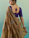 Antique Gold Embroidered Designer Tissue Silk Saree With Contrast Blouse