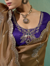Antique Gold Embroidered Designer Tissue Silk Saree With Contrast Blouse