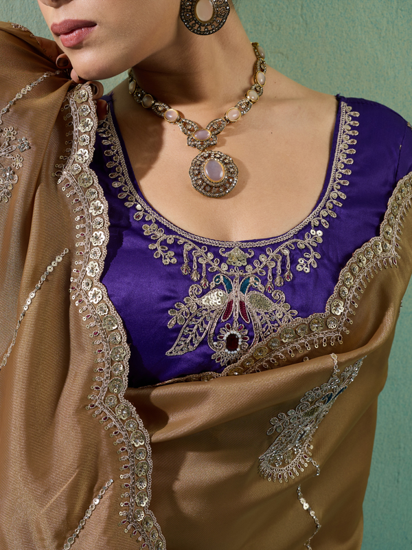 Antique Gold Embroidered Designer Tissue Silk Saree With Contrast Blouse