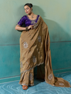 Antique Gold Embroidered Designer Tissue Silk Saree With Contrast Blouse