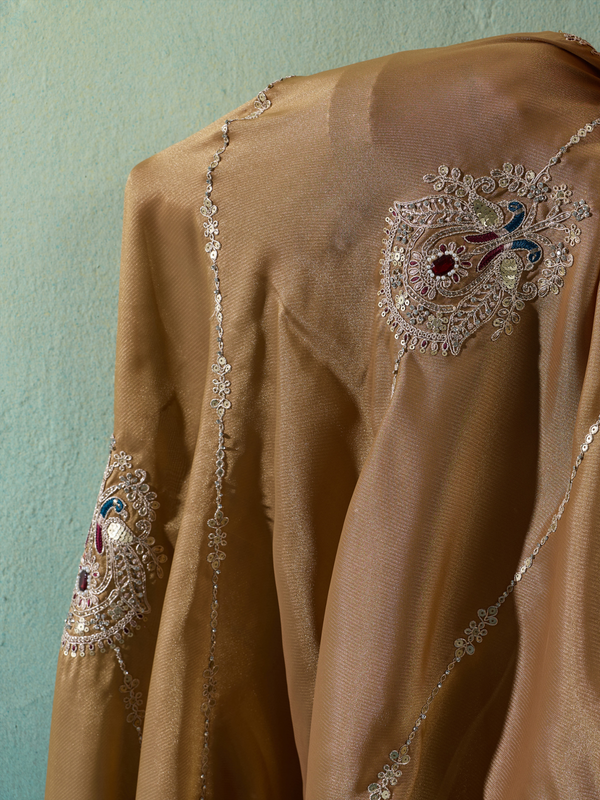 Antique Gold Embroidered Designer Tissue Silk Saree With Contrast Blouse