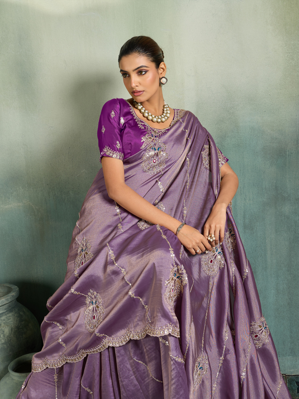 Mauve Purple Embroidered Designer Tissue Silk Saree With Contrast Blouse