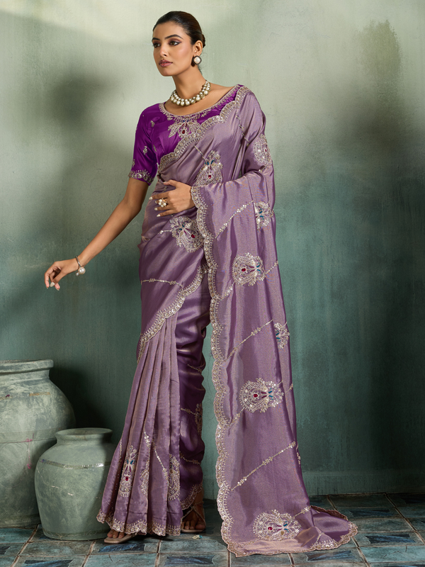 Mauve Purple Embroidered Designer Tissue Silk Saree With Contrast Blouse