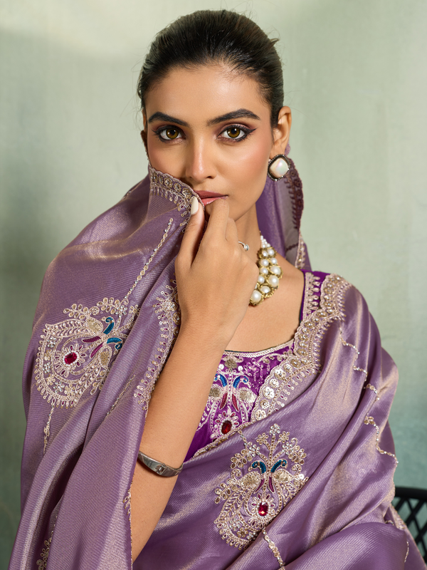 Mauve Purple Embroidered Designer Tissue Silk Saree With Contrast Blouse