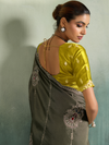 Olive Grey Embroidered Designer Tissue Silk Saree With Contrast Blouse