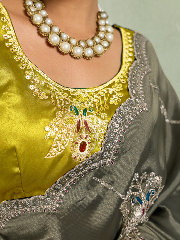 Olive Grey Embroidered Designer Tissue Silk Saree With Contrast Blouse