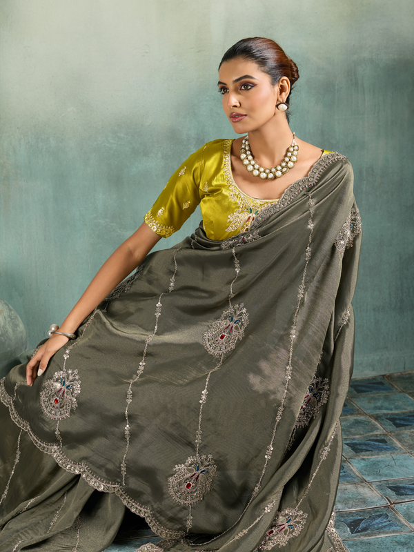 Olive Grey Embroidered Designer Tissue Silk Saree With Contrast Blouse