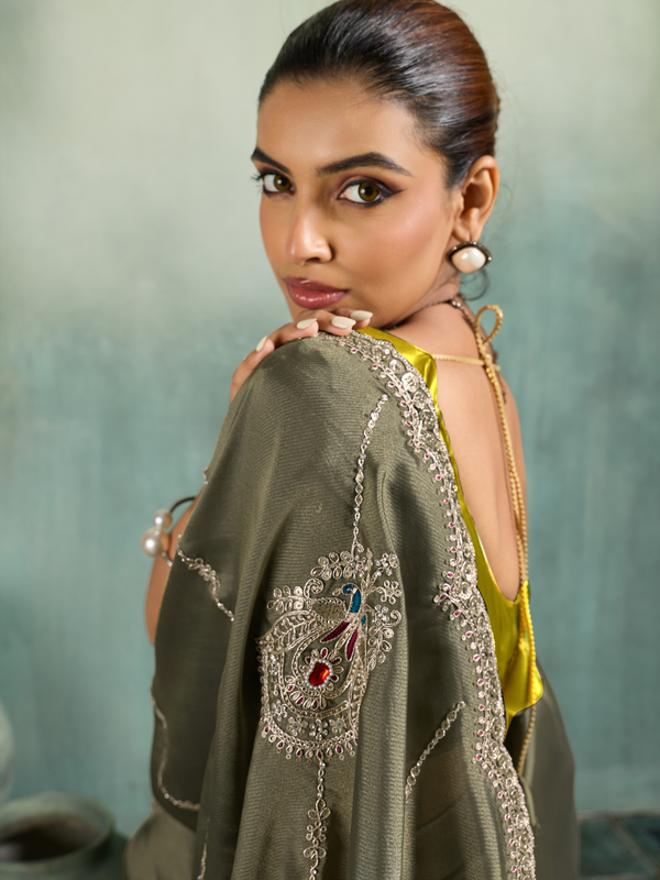 Olive Grey Embroidered Designer Tissue Silk Saree With Contrast Blouse