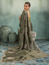 Olive Grey Embroidered Designer Tissue Silk Saree With Contrast Blouse