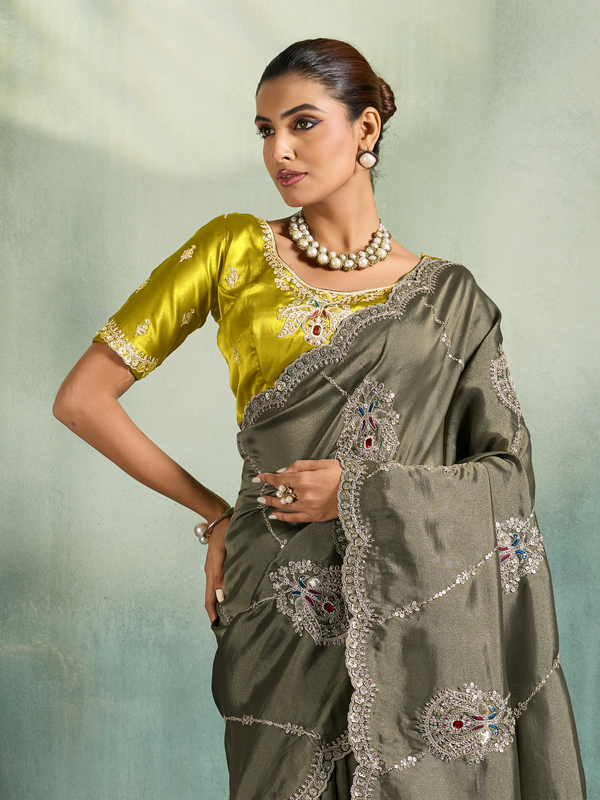 Olive Grey Embroidered Designer Tissue Silk Saree With Contrast Blouse