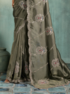 Olive Grey Embroidered Designer Tissue Silk Saree With Contrast Blouse