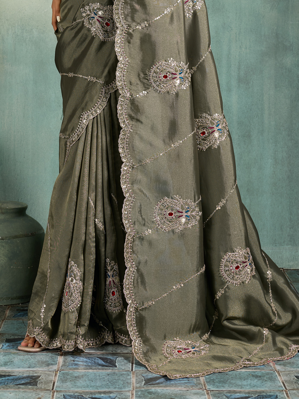 Olive Grey Embroidered Designer Tissue Silk Saree With Contrast Blouse