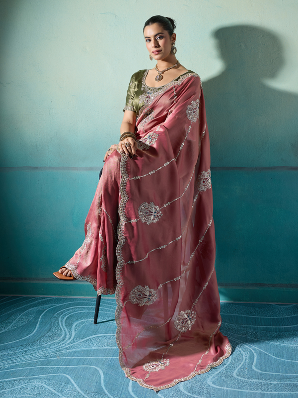 Onion Pink Embroidered Designer Tissue Silk Saree With Contrast Blouse