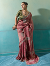 Onion Pink Embroidered Designer Tissue Silk Saree With Contrast Blouse