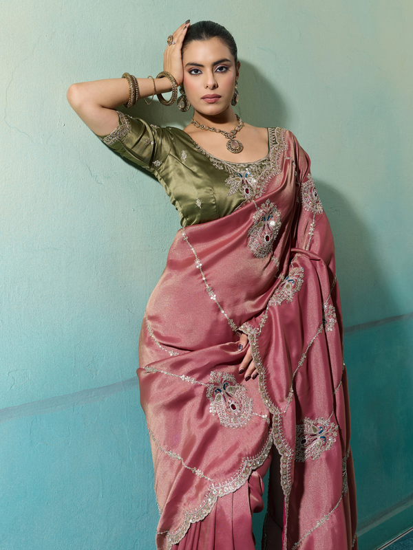 Onion Pink Embroidered Designer Tissue Silk Saree With Contrast Blouse