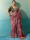 Onion Pink Embroidered Designer Tissue Silk Saree With Contrast Blouse