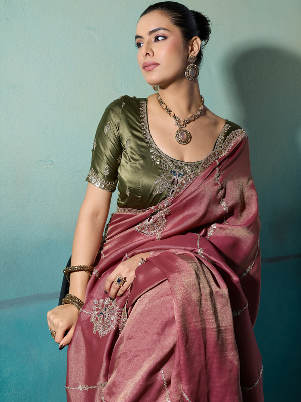 Onion Pink Embroidered Designer Tissue Silk Saree With Contrast Blouse