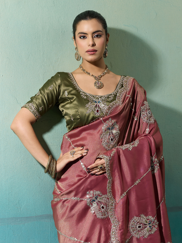 Onion Pink Embroidered Designer Tissue Silk Saree With Contrast Blouse
