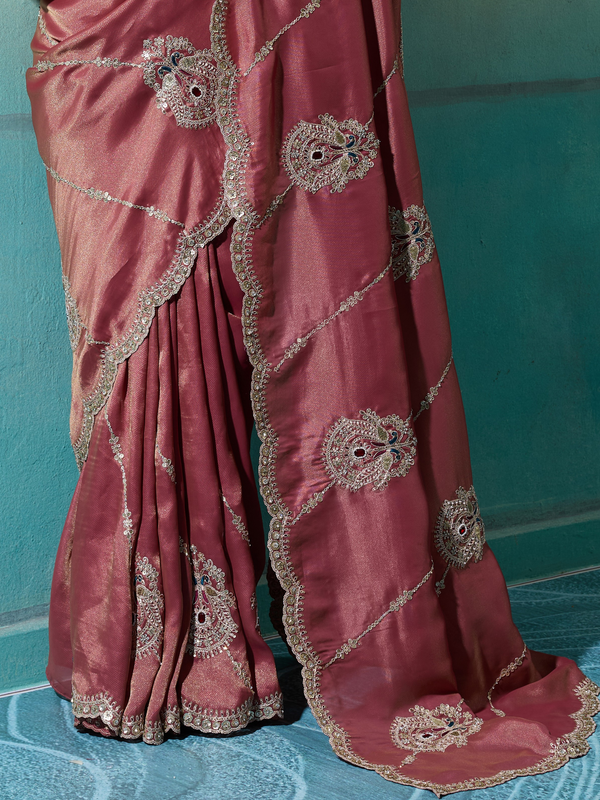 Onion Pink Embroidered Designer Tissue Silk Saree With Contrast Blouse